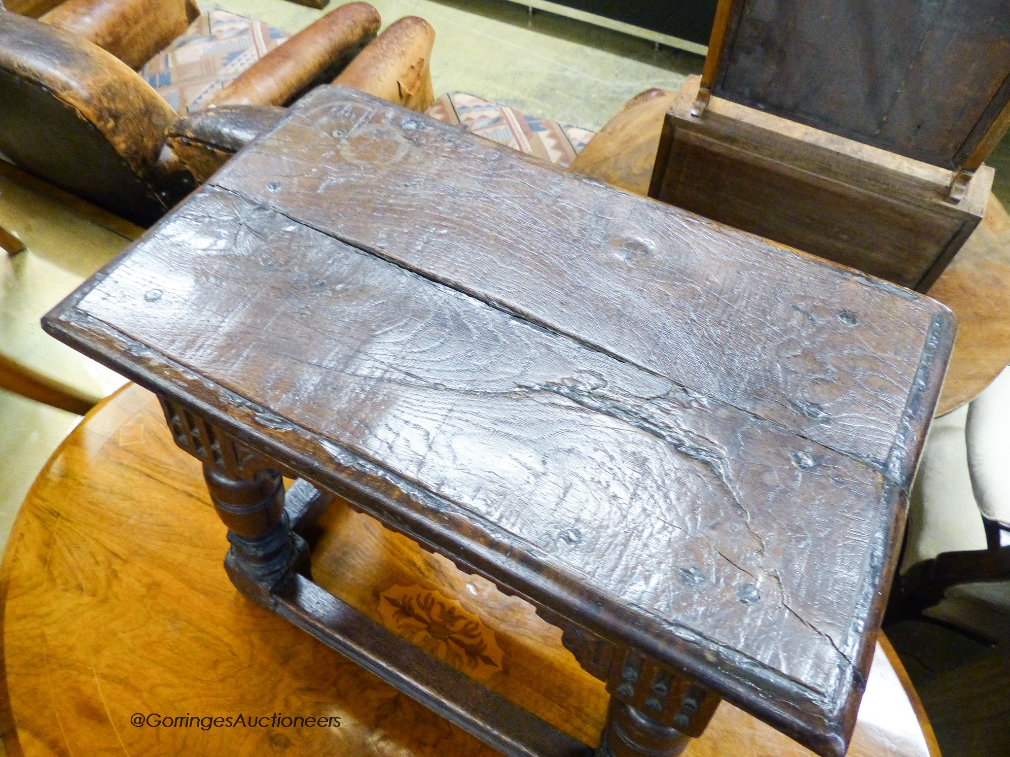 A 17th century style oak joint stool, width 55cm, depth 33cm, height 50cm